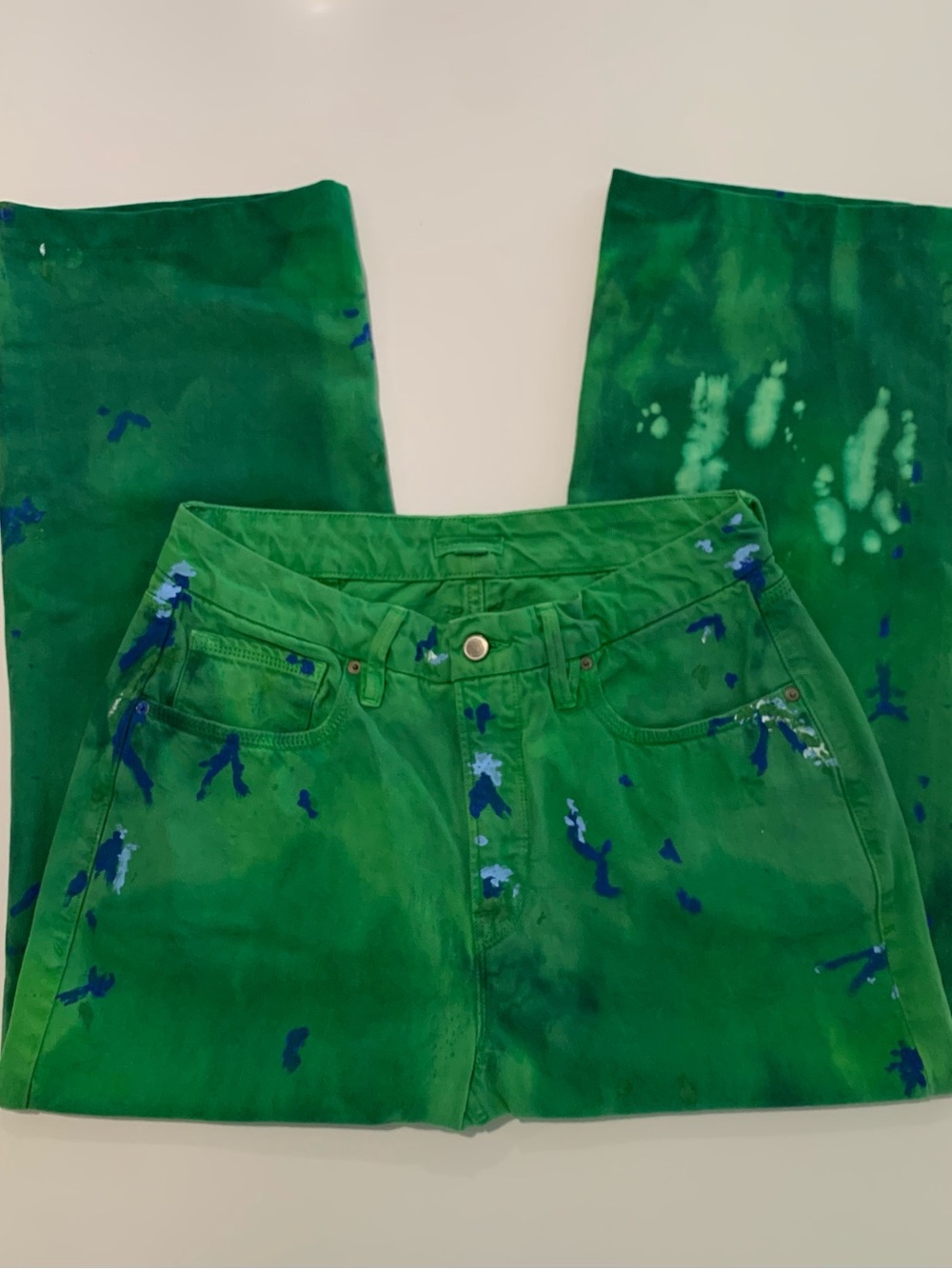 Good American Good 90s Tie-Dye Green Painted Artistic Jeans HEMMED 26”, 10 / 30 - Picture 4 of 11